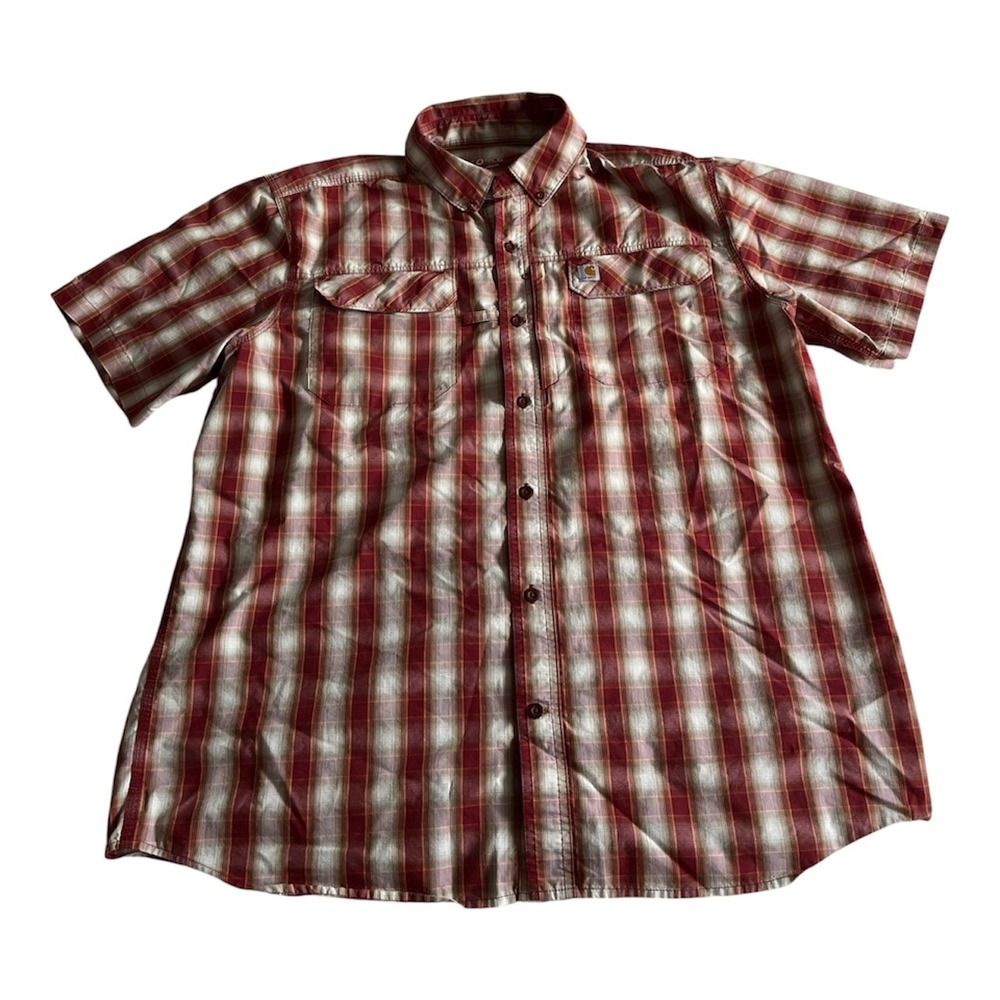 Carhartt Force Button Down Shirt Mens XL Short Sleeve Red Plaid Pockets Relaxed